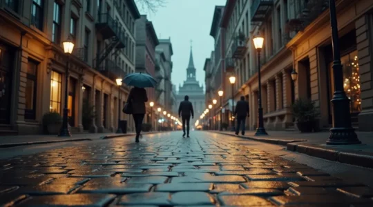 Vue cinematographique du Vieux-Montréal au petit matin sous une fine pluie, pavés luisants et façades historiques.