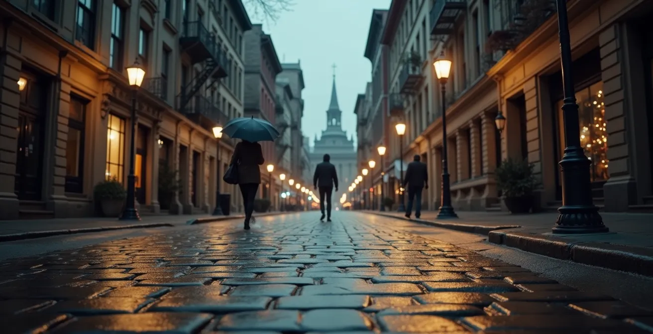 Vue cinematographique du Vieux-Montréal au petit matin sous une fine pluie, pavés luisants et façades historiques.