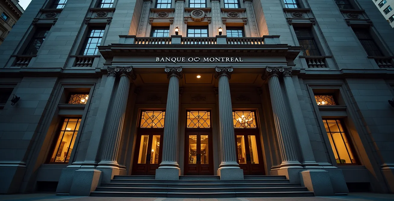 Façade imposante de la première Banque de Montréal illustrant l'architecture géorgienne et la domination britannique