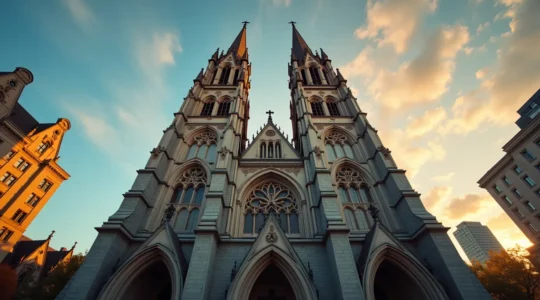 Vue majestueuse de la basilique Notre-Dame de Montréal avec ses tours néo-gothiques se dressant dans le Vieux-Montréal