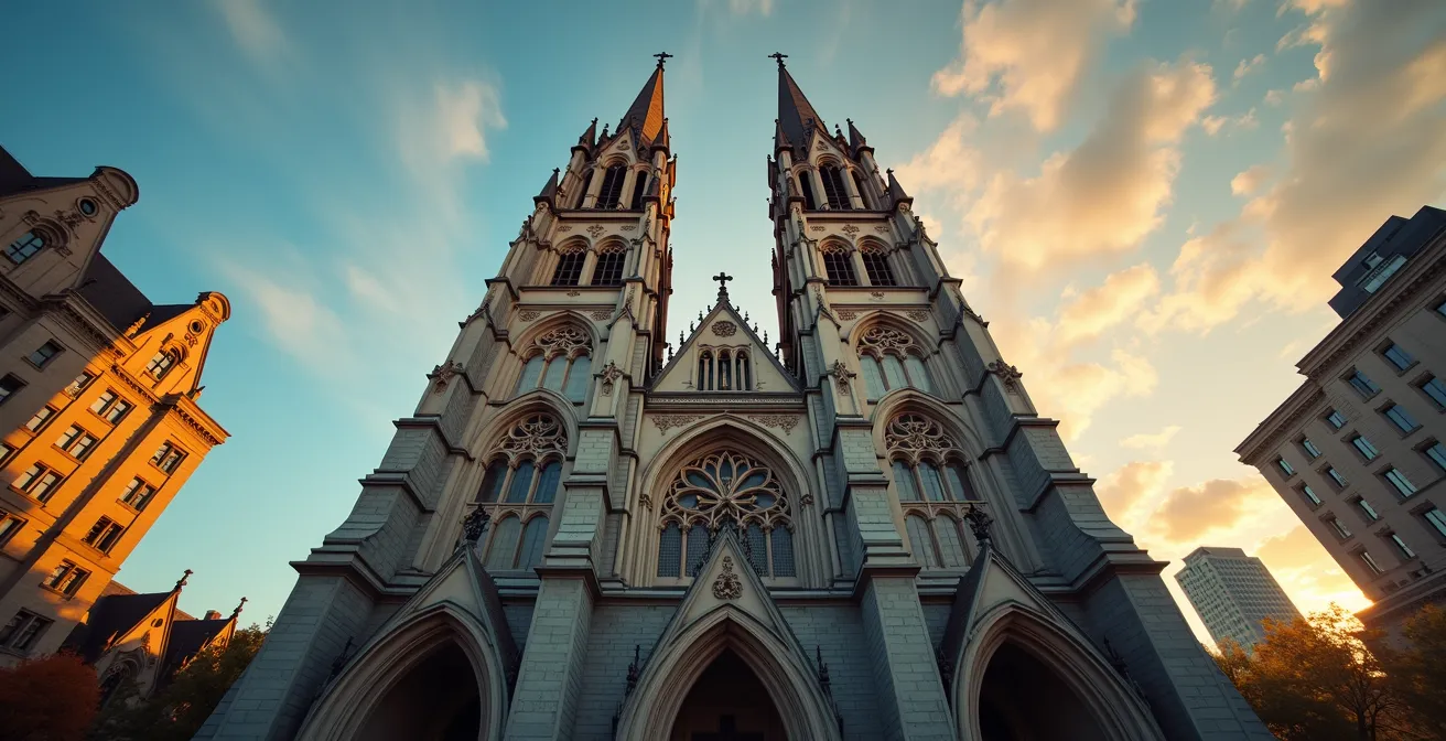 Vue majestueuse de la basilique Notre-Dame de Montréal avec ses tours néo-gothiques se dressant dans le Vieux-Montréal