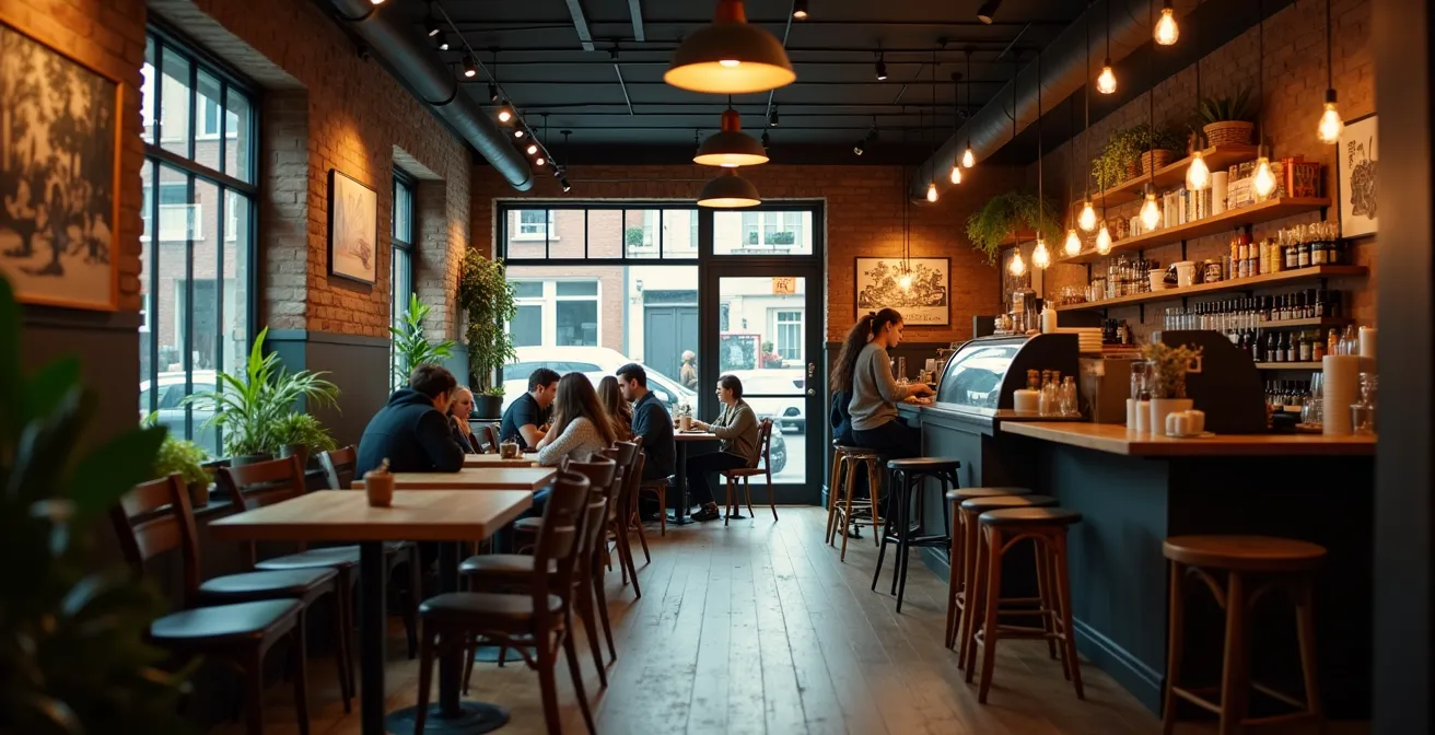 Intérieur chaleureux d'un café de quartier montréalais avec des clients de différents âges lisant, travaillant et socialisant, illustrant le concept de troisième lieu