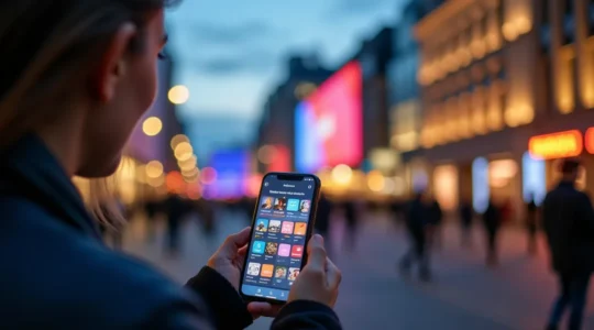 Une personne consultant un smartphone avec l'écran montrant un calendrier culturel de Montréal, en arrière-plan flou le Quartier des spectacles illuminé avec ses installations lumineuses nocturnes