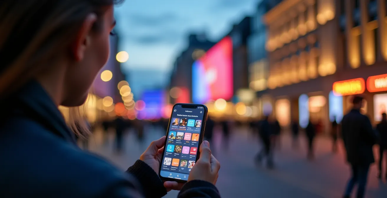 Une personne consultant un smartphone avec l'écran montrant un calendrier culturel de Montréal, en arrière-plan flou le Quartier des spectacles illuminé avec ses installations lumineuses nocturnes
