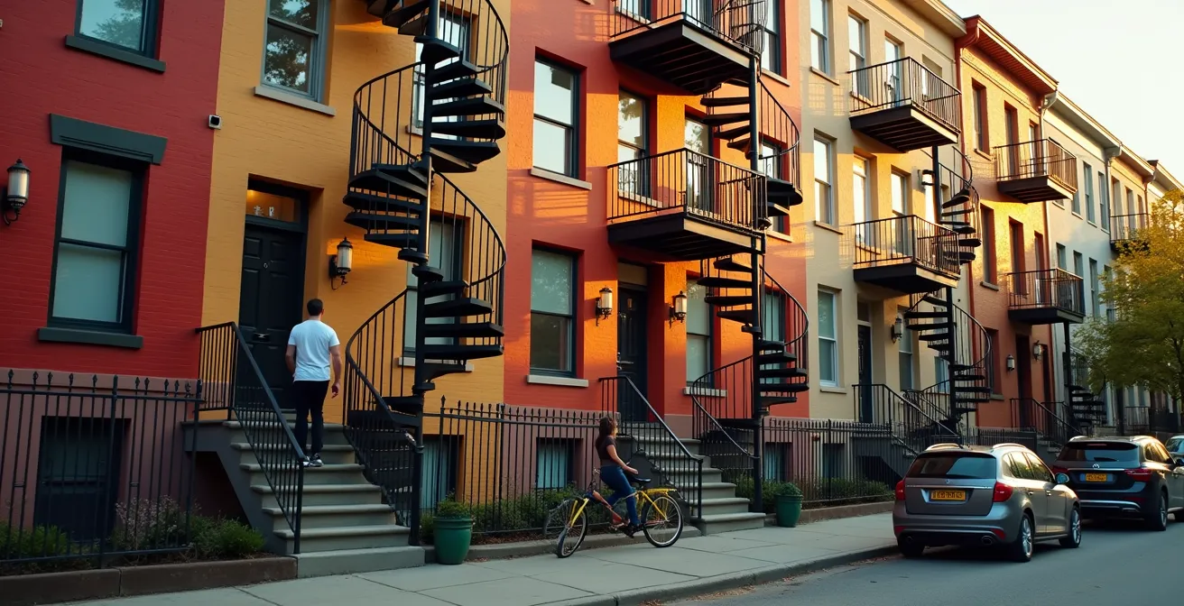Escaliers extérieurs en colimaçon typiques de Montréal montrant l'adaptation architecturale aux besoins sociaux