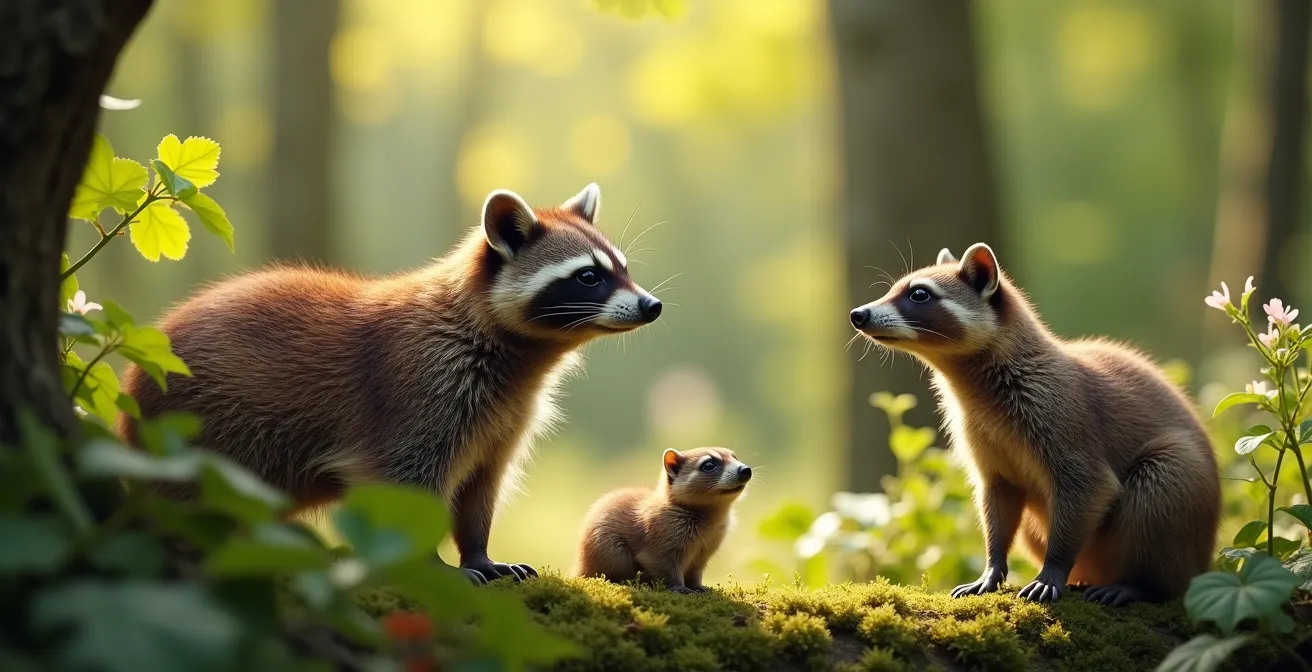 Photographie réaliste de ratons laveurs, marmottes et plusieurs espèces d'oiseaux dans leur habitat naturel au Mont-Royal