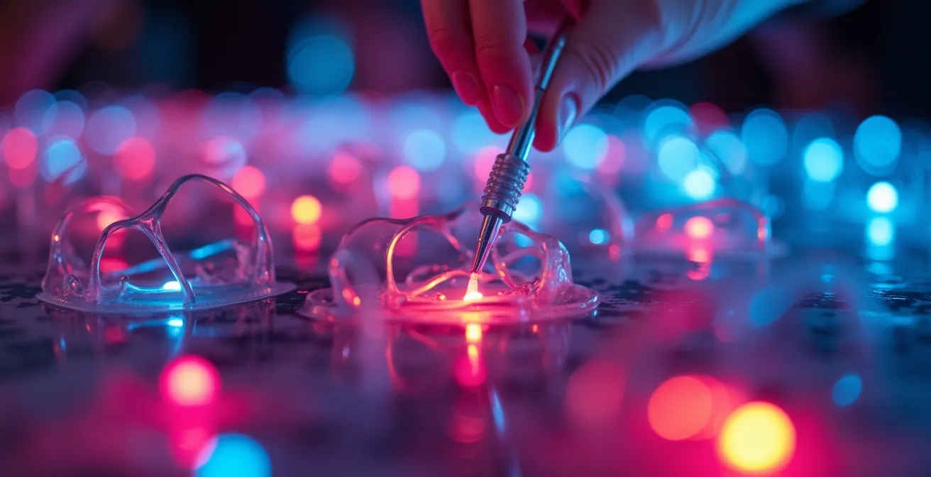 Une installation artistique immersive et futuriste, représentant un festival de niche comme MUTEK, où la technologie et l'art se rencontrent.
