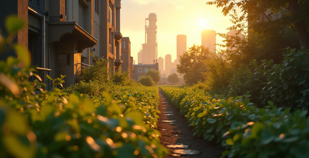Scène de revalorisation d’une friche industrielle à Montréal avec des espaces verts, agriculture urbaine et innovation