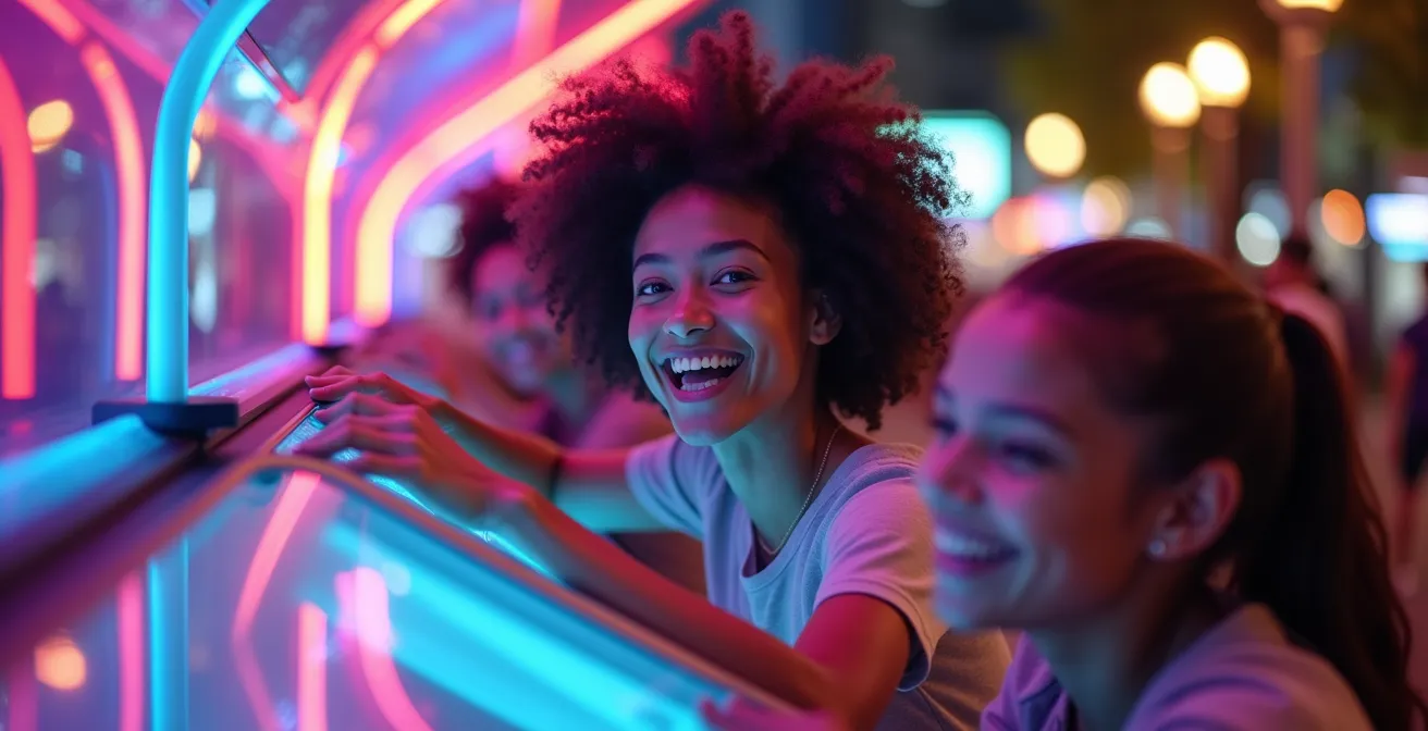 Image colorée montrant des personnes de tout âge interagissant avec des installations lumineuses et numériques dans un espace public du Quartier des spectacles