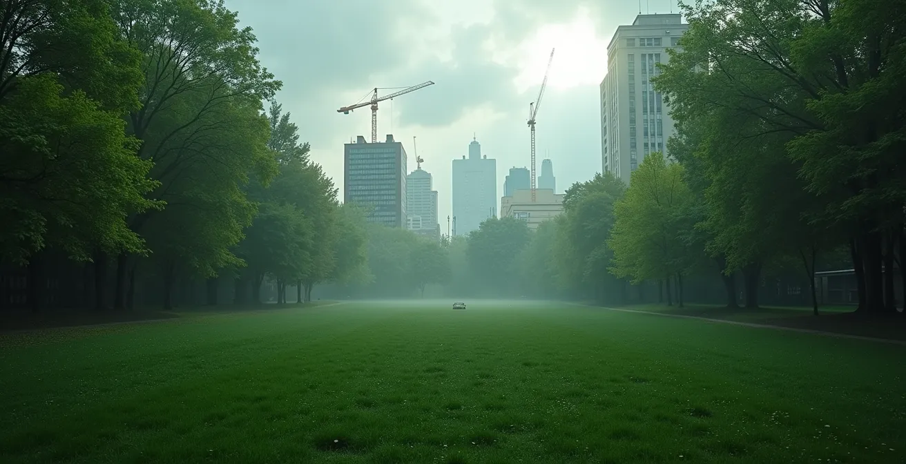 Vue contrastée d'un parc montréalais en zone urbaine avec des constructions modernes en arrière-plan mettant en évidence la fragilité des espaces verts face au béton.
