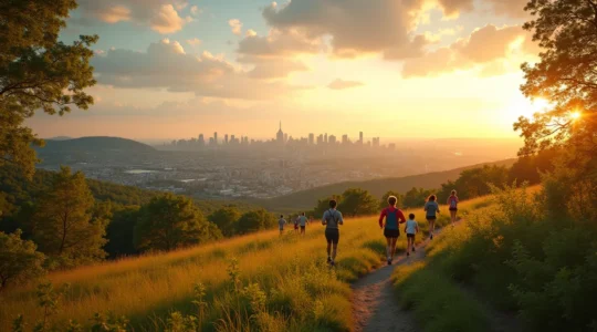 Vue panoramique du Mont-Royal avec des coureurs sur les sentiers, familles et paysages urbains de Montréal en arrière-plan