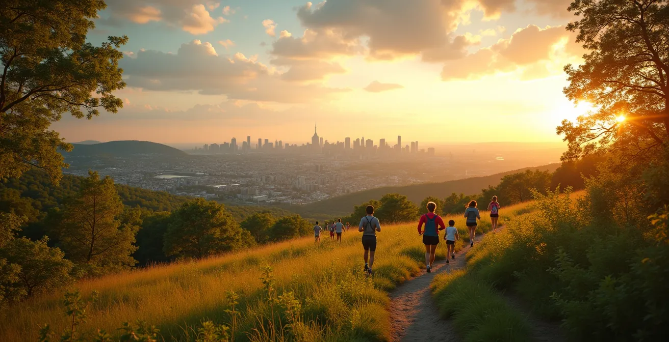 Vue panoramique du Mont-Royal avec des coureurs sur les sentiers, familles et paysages urbains de Montréal en arrière-plan