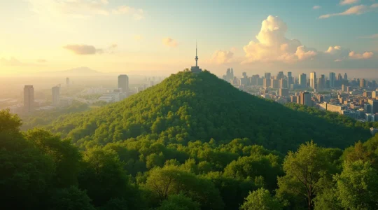 Vue panoramique de Montréal montrant ses espaces verts étendus, incluant le Mont-Royal au centre, symbolisant un poumon vert essentiel à la qualité de vie urbaine.