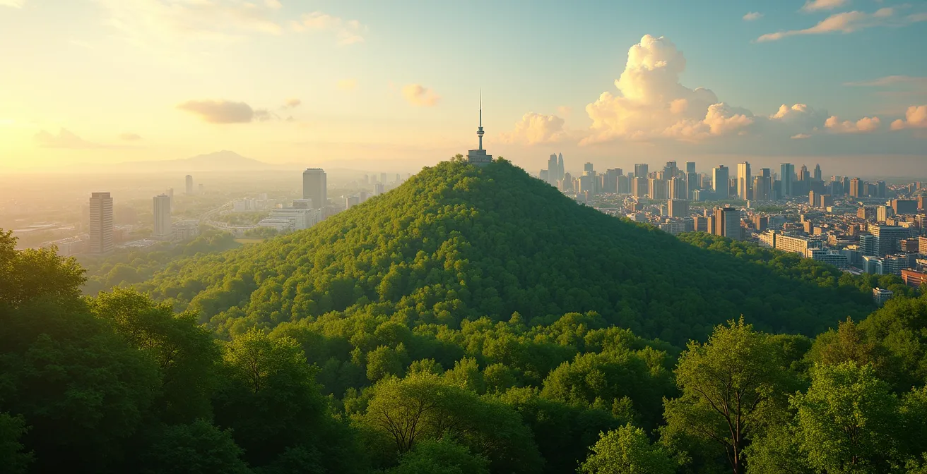 Vue panoramique de Montréal montrant ses espaces verts étendus, incluant le Mont-Royal au centre, symbolisant un poumon vert essentiel à la qualité de vie urbaine.