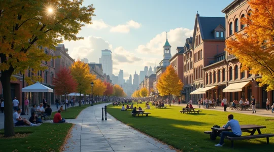 Vue panoramique de Montréal montrant plusieurs quartiers résidentiels avec des familles, jeunes actifs et bâtiments historiques, illustrant la diversité urbaine