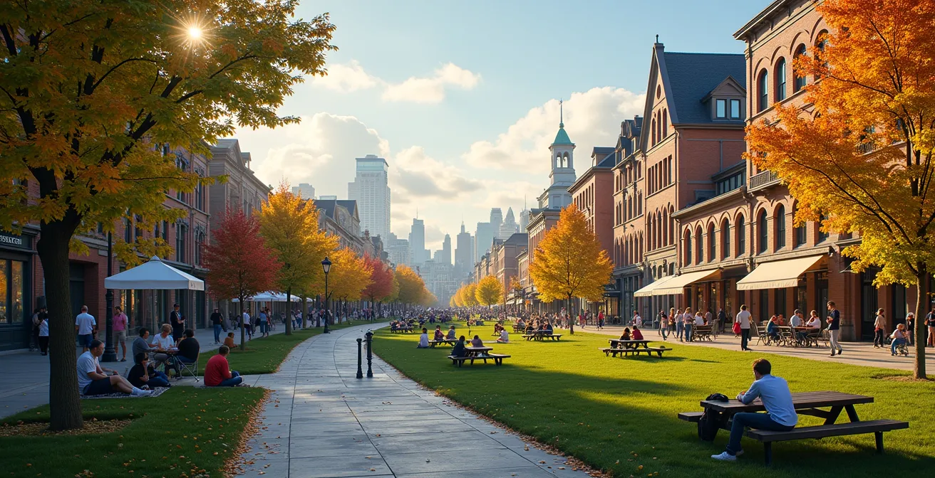 Vue panoramique de Montréal montrant plusieurs quartiers résidentiels avec des familles, jeunes actifs et bâtiments historiques, illustrant la diversité urbaine