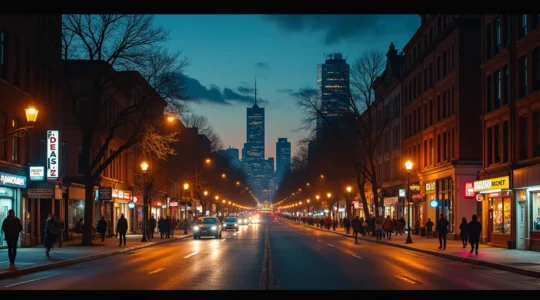 Vue panoramique nocturne de Montréal avec un fondu montrant des communautés multiculturelles, leurs commerces et espaces urbains dynamiques
