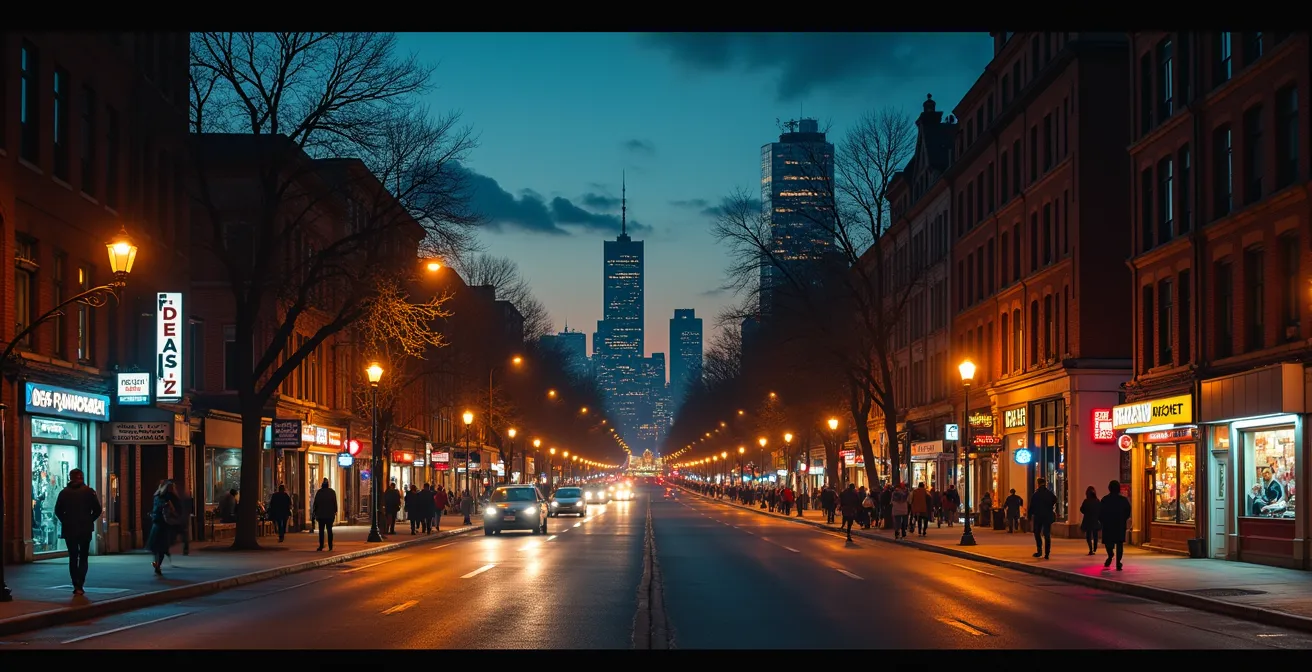 Vue panoramique nocturne de Montréal avec un fondu montrant des communautés multiculturelles, leurs commerces et espaces urbains dynamiques