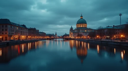 Vue emblématique du dôme du Marché Bonsecours au crépuscule avec silhouette urbaine