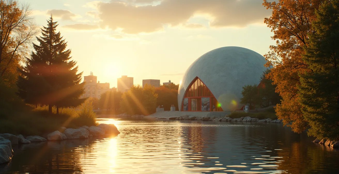 Vue artistique du parc Jean-Drapeau mettant en valeur les œuvres d'art emblématiques et la Biosphère au bord du fleuve Saint-Laurent.