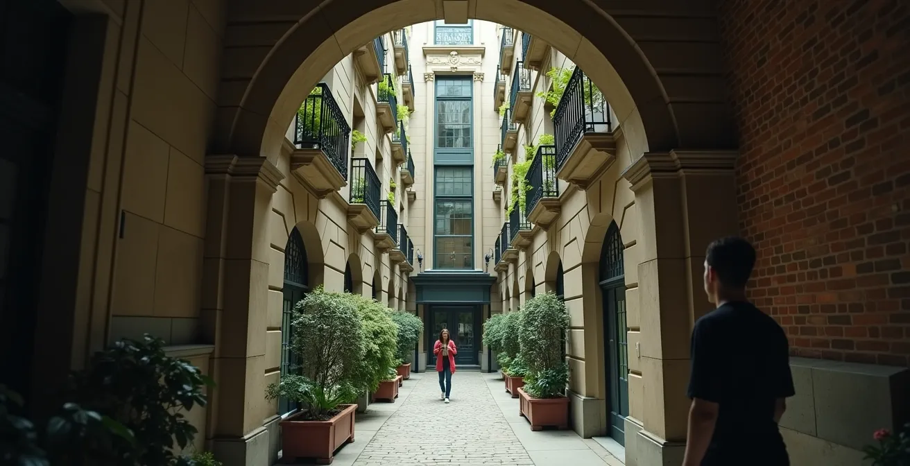 Itinéraire visuel de cours intérieures et ruelles discrètes du Vieux-Montréal.