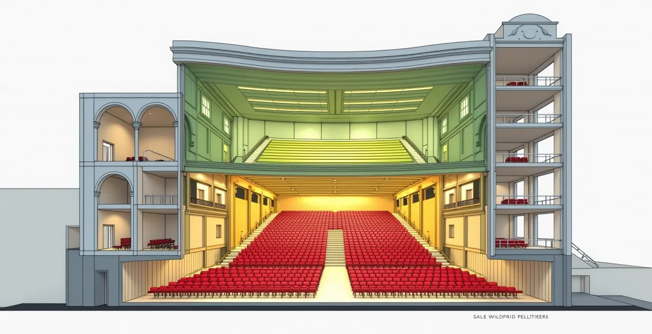 Vue en coupe architecturale de la Salle Wilfrid-Pelletier montrant les différentes zones acoustiques optimales avec des indicateurs visuels colorés