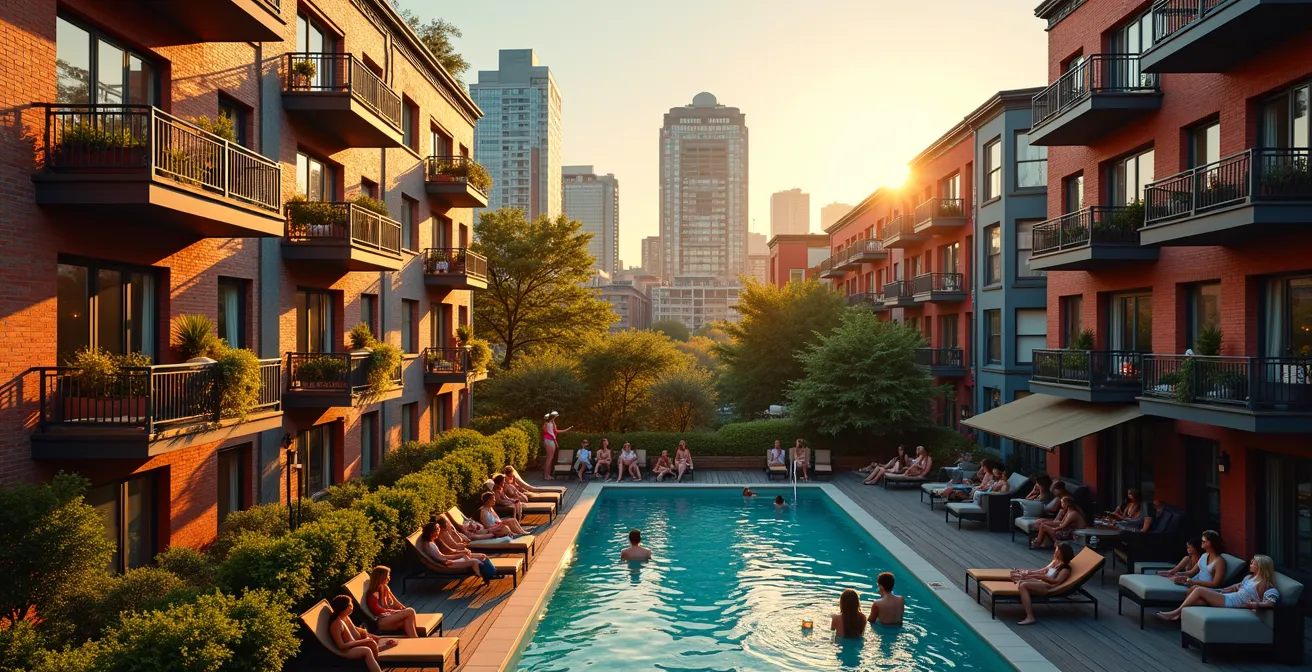 Scène contrastée montrant un triplex typique du Plateau avec balcons animés et un immeuble condo moderne à Griffintown avec rooftop et piscine