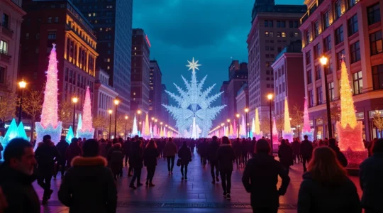 Vue animée du Quartier des spectacles à Montréal, illuminé de nuit avec des installations artistiques lumineuses et des passants profitant de l'espace public
