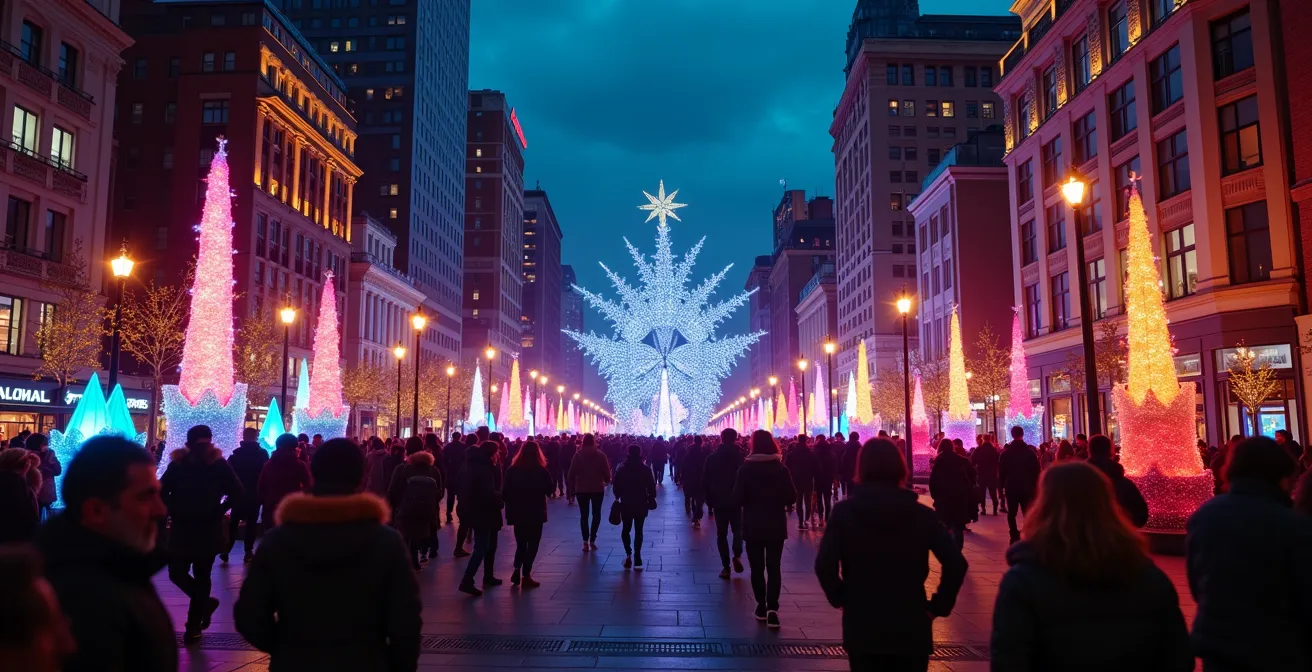 Vue animée du Quartier des spectacles à Montréal, illuminé de nuit avec des installations artistiques lumineuses et des passants profitant de l'espace public