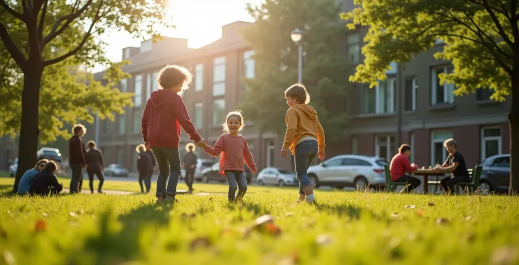 Parc familial montréalais avec enfants jouant, bibliothèques et bâtiments culturels en arrière-plan