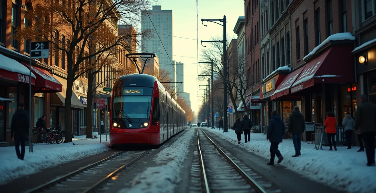 Vue symbolique montrant un métro moderne traversant des quartiers divers à Montréal avec éléments socio-économiques
