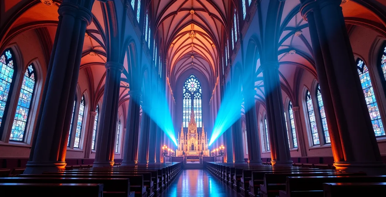 Projection multimédia du spectacle Aura illuminant l'intérieur néo-gothique de la basilique Notre-Dame de Montréal