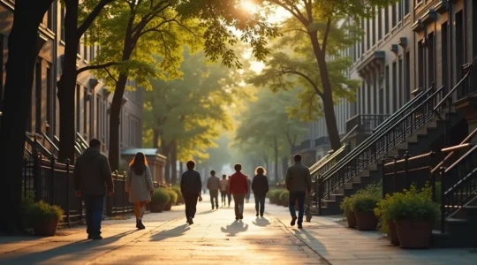 Scène de quartier montréalais montrant la diversité et la convivialité de la vie communautaire avec des résidents de différents âges interagissant dans un environnement urbain chaleureux