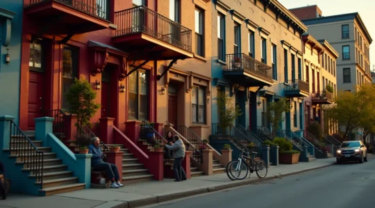Rue colorée du Plateau Mont-Royal avec ses escaliers extérieurs et habitants assis sur un perron