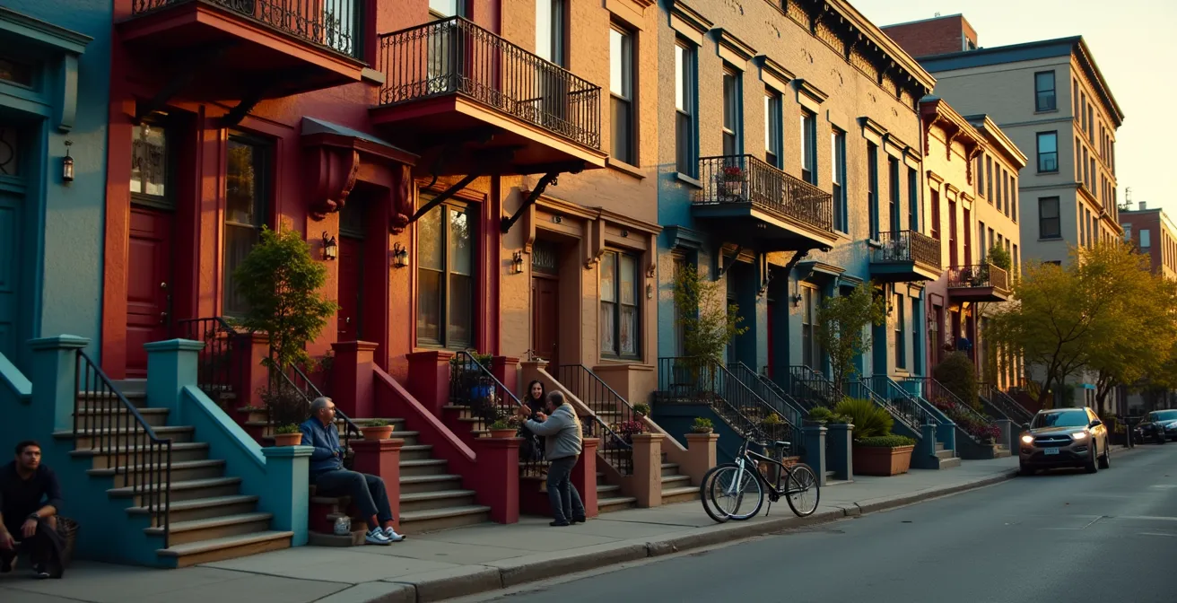 Rue colorée du Plateau Mont-Royal avec ses escaliers extérieurs et habitants assis sur un perron