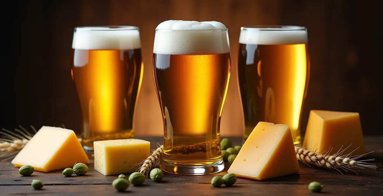 Composition artistique de verres de bières artisanales et fromages québécois