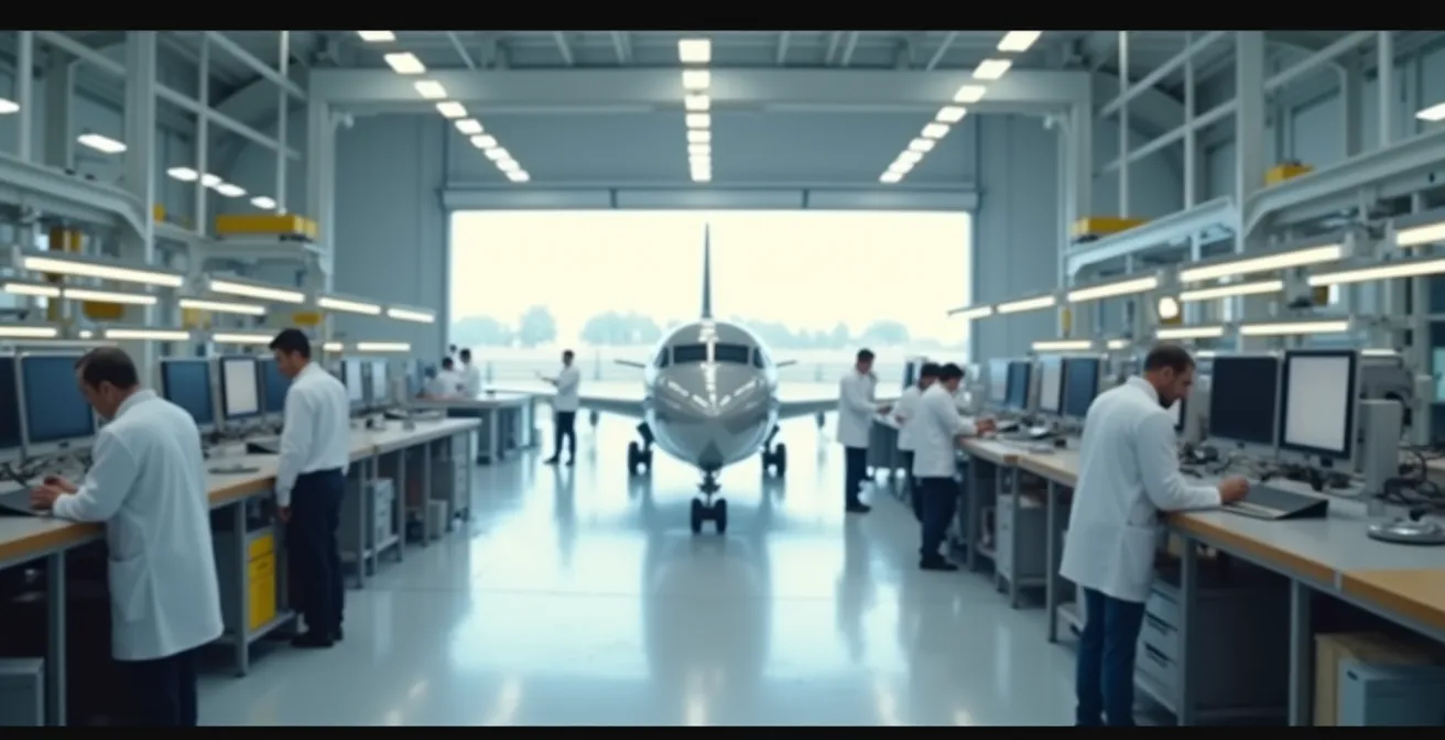 Atelier d'assemblage aéronautique moderne avec ingénieurs au travail