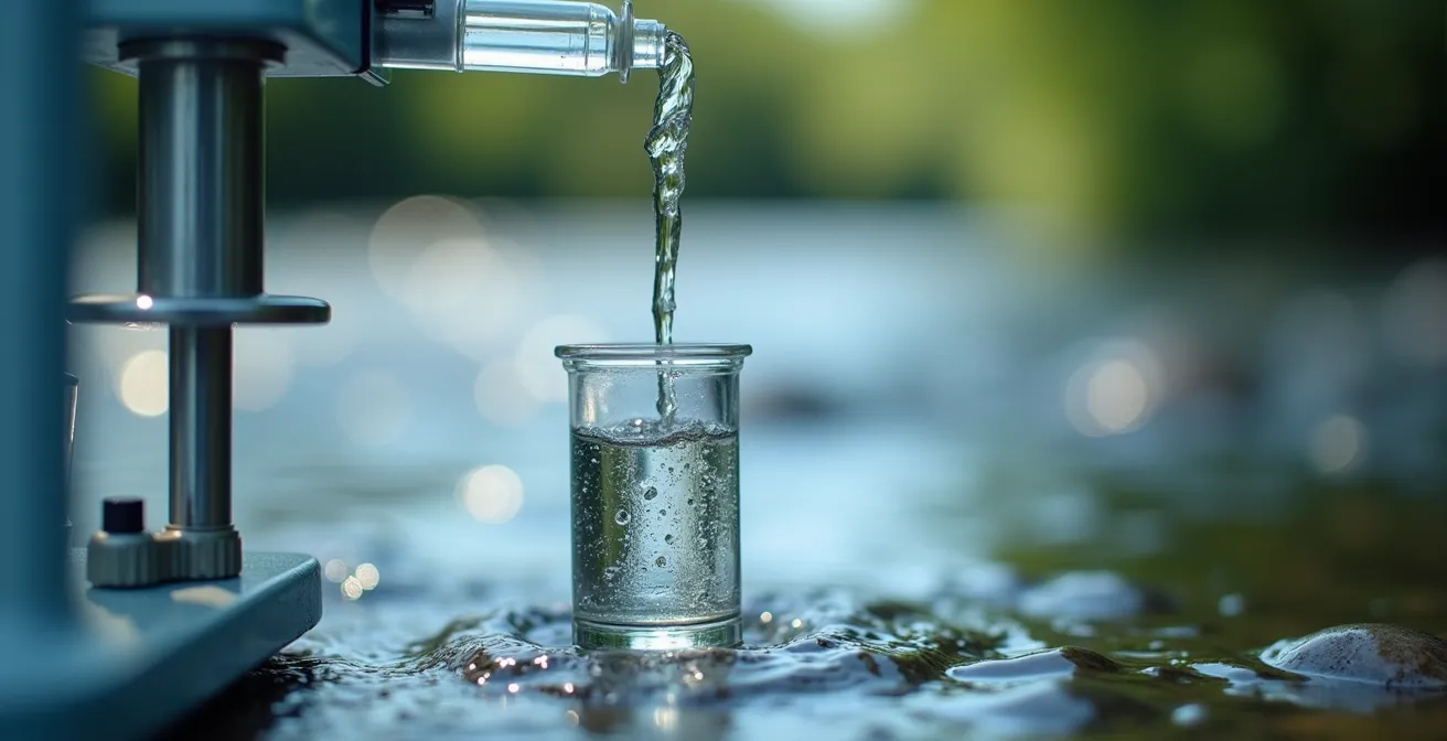 Scientifique prélevant un échantillon d'eau du fleuve Saint-Laurent pour analyse