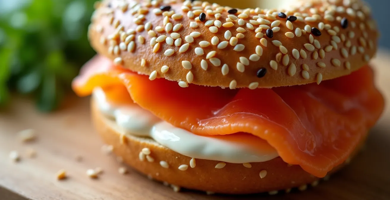 Gros plan sur un bagel au sésame généreusement garni de fromage à la crème onctueux et de fines tranches de saumon fumé.