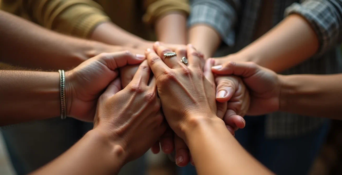 Gros plan sur des mains entrelacées de différentes générations et origines formant un cercle de solidarité
