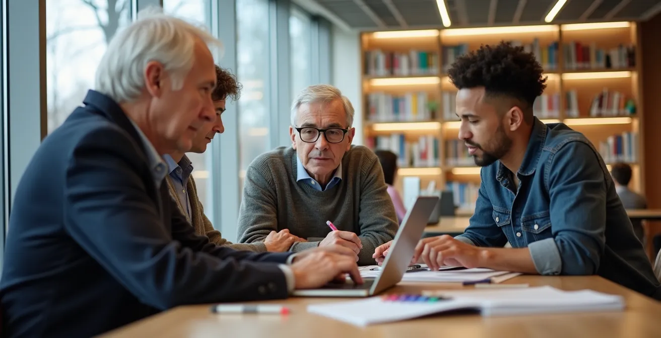 Espace collaboratif moderne dans une bibliothèque de Montréal avec zones de travail et technologie