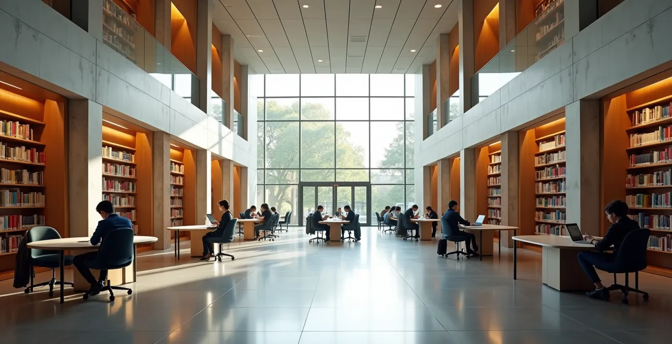 Perspective architecturale minimaliste d'un espace de bibliothèque universitaire baigné de lumière naturelle