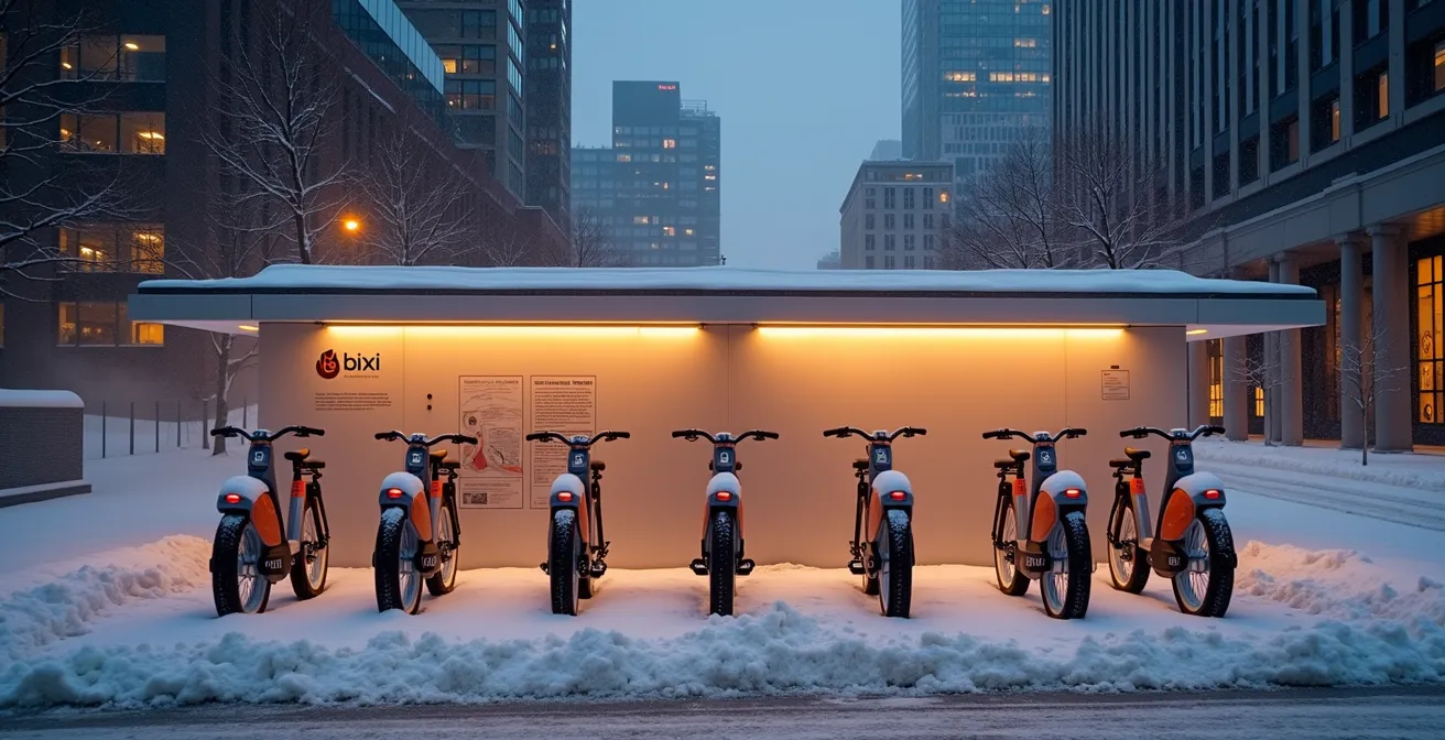 Vision futuriste d'une station BIXI hivernale avec technologies avancées