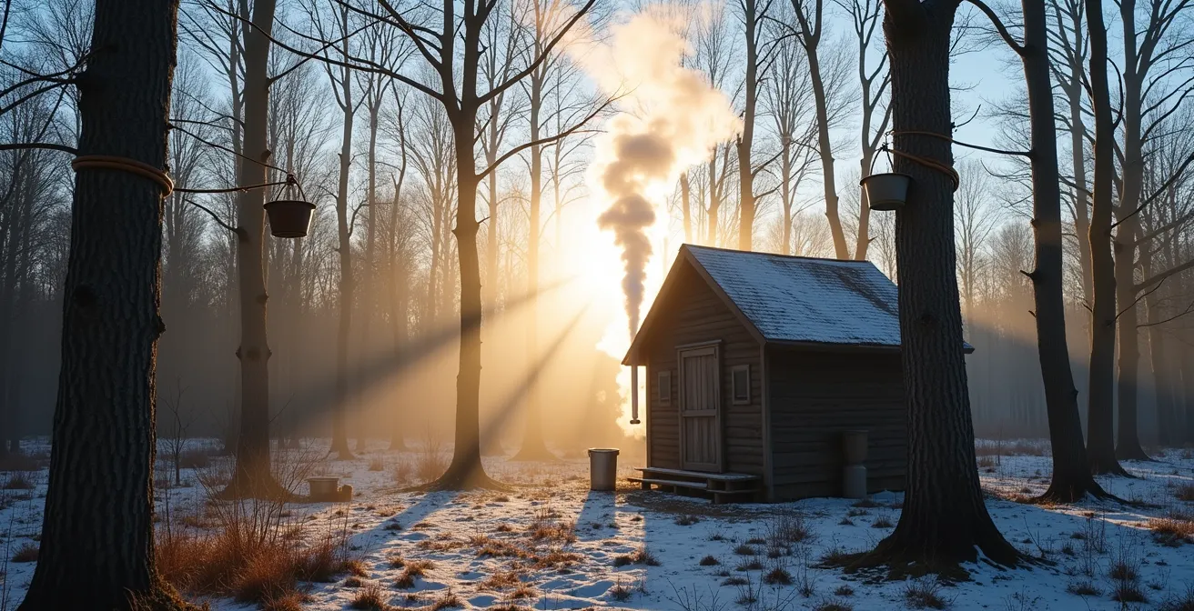 Cabane à sucre traditionnelle québécoise en bois, nichée dans une forêt d'érables au printemps, avec de la vapeur s'échappant de sa cheminée.