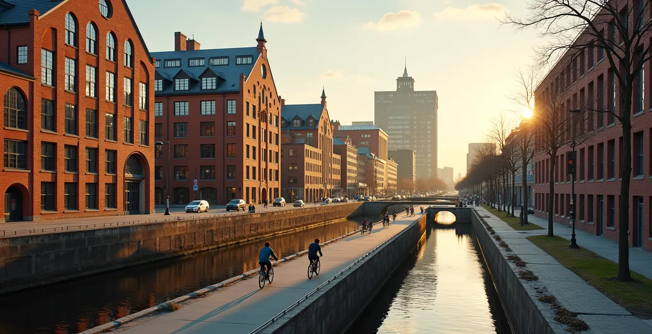 Cyclistes longeant les écluses historiques du Canal de Lachine avec reflets dans l'eau