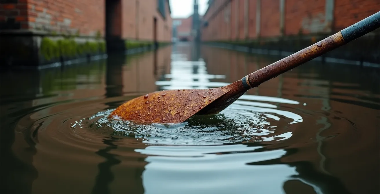 Kayakiste pagayant dans le Canal de Lachine avec les anciens silos industriels en arrière-plan