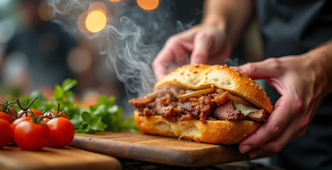 Comptoir de cantine animé avec chef préparant des plats frais devant les clients