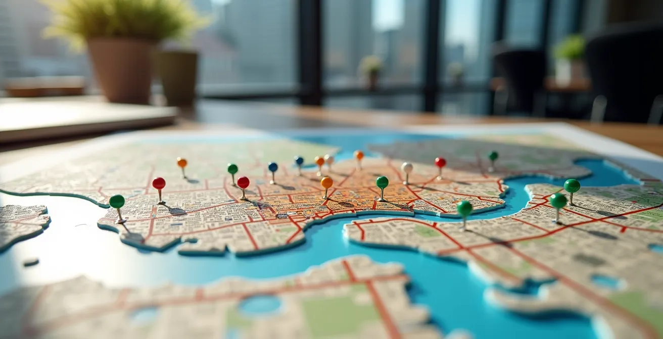 Carte stylisée de Montréal montrant les quartiers clés du financement avec des repères visuels