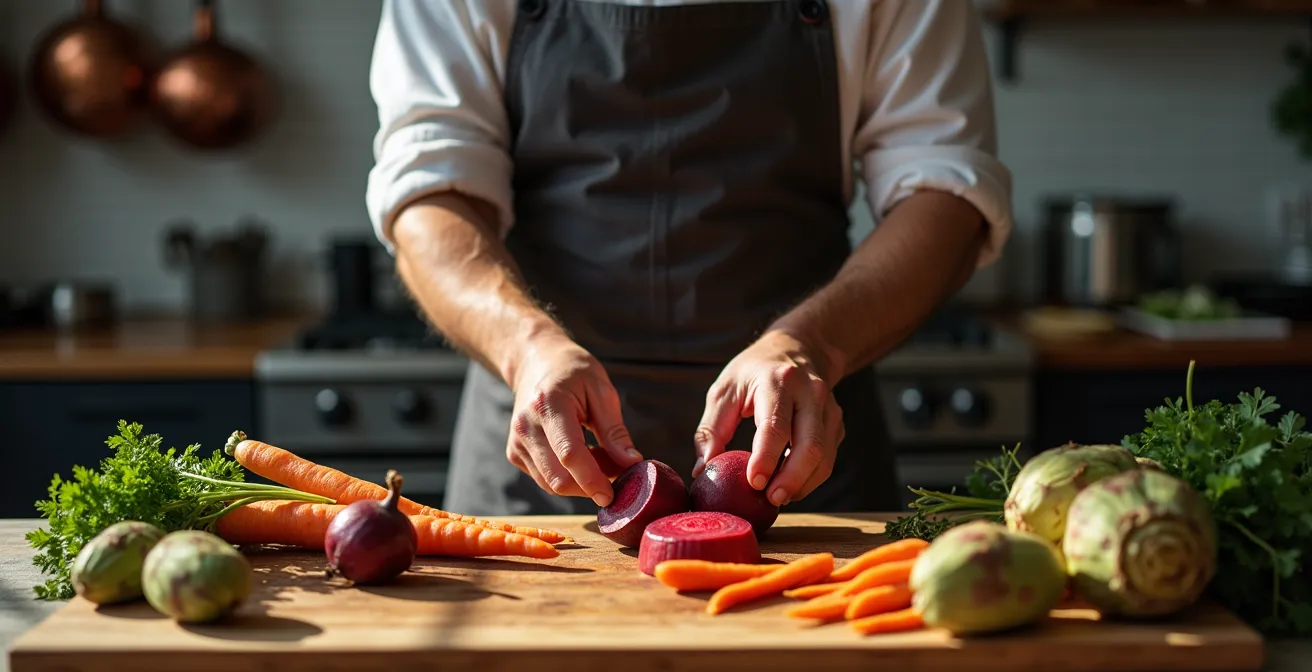 Chef montréalais préparant des légumes racines québécois dans une cuisine professionnelle avec lumière naturelle