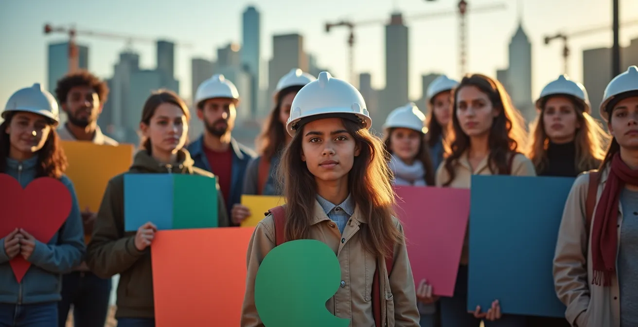Groupe de citoyens montréalais de différentes générations tenant des pancartes colorées devant un chantier de construction